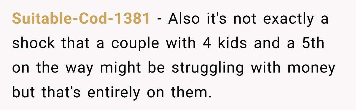 Suitable-Cod-1381 − Also it's not exactly a shock that a couple with 4 kids and a 5th on the way might be struggling with money but that's entirely on them.