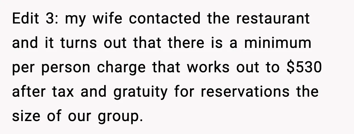 Edit 3: my wife contacted the restaurant and it turns out that there is a minimum per person charge that works out to $530 after tax and gratuity for reservations...
