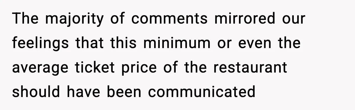 The majority of comments mirrored our feelings that this minimum or even the average ticket price of the restaurant should have been communicated
