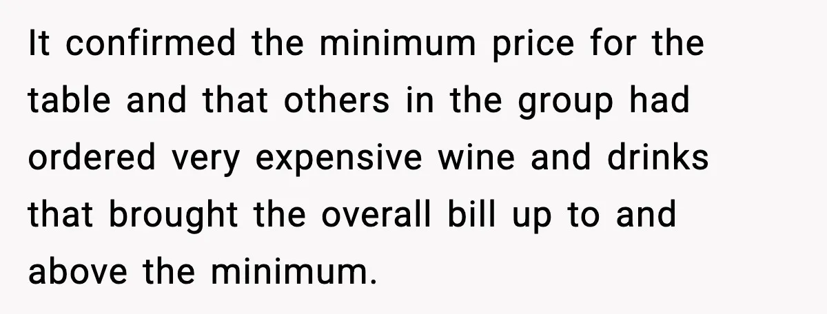 It confirmed the minimum price for the table and that others in the group had ordered very expensive wine and drinks that brought the overall bill up to and above...
