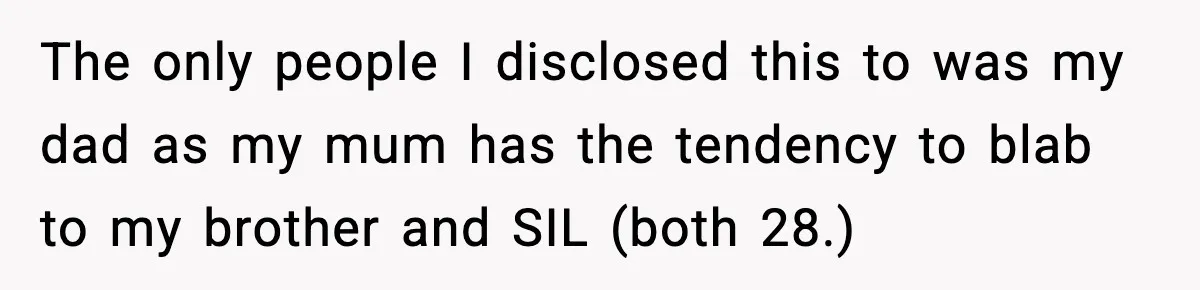 The only people I disclosed this to was my dad as my mum has the tendency to blab to my brother and SIL (both 28.)