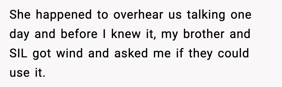 She happened to overhear us talking one day and before I knew it, my brother and SIL got wind and asked me if they could use it.