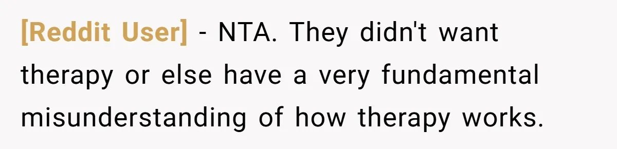 [Reddit User] − NTA. They didn't want therapy or else have a very fundamental misunderstanding of how therapy works.