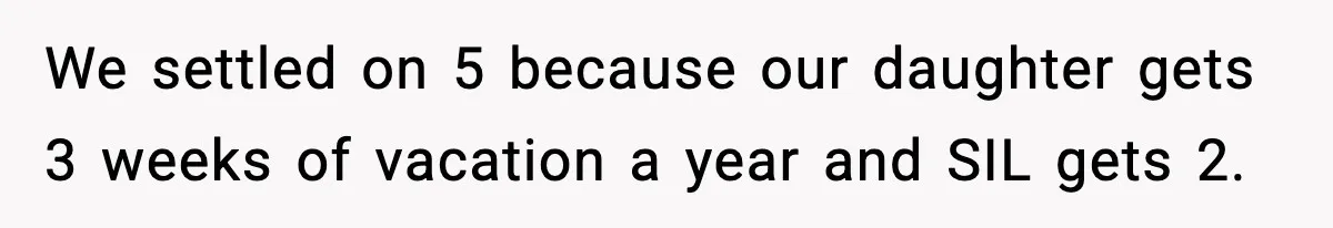 We settled on 5 because our daughter gets 3 weeks of vacation a year and SIL gets 2.