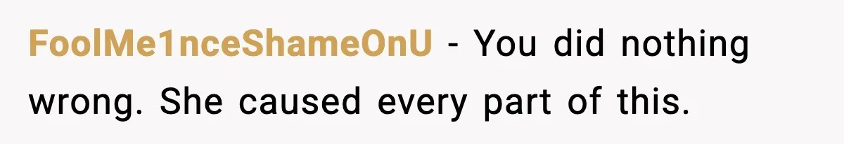 FoolMe1nceShameOnU - You did nothing wrong. She caused every part of this.