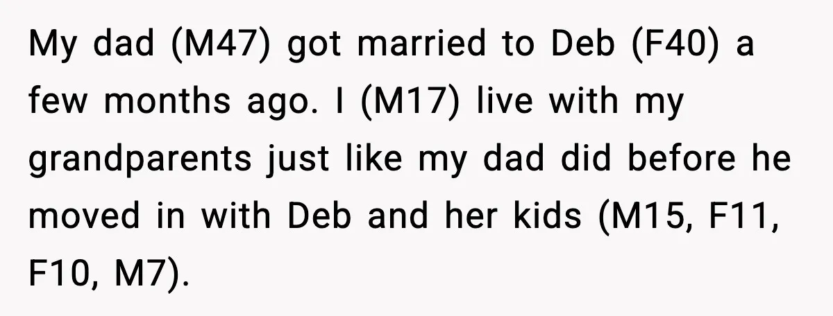 A 17-Year-Old Refuses to Risk His Safety for Dad’s New Family My dad (M47) got married to Deb (F40) a few months ago. I (M17) live with my grandparents just like my dad did before he moved in with Deb and...
