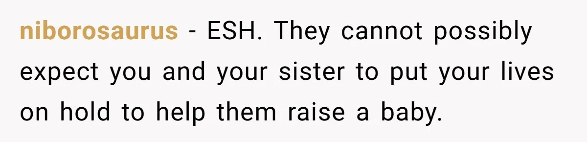 niborosaurus − ESH. They cannot possibly expect you and your sister to put your lives on hold to help them raise a baby.