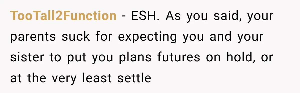 TooTall2Function − ESH. As you said, your parents suck for expecting you and your sister to put you plans futures on hold, or at the very least settle