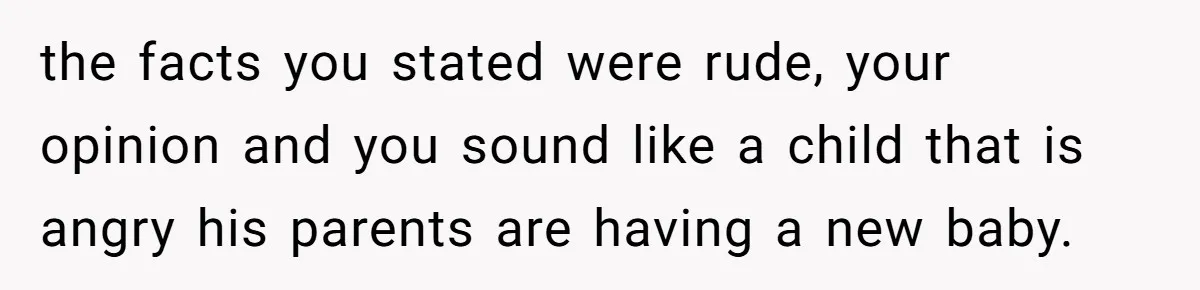 the facts you stated were rude, your opinion and you sound like a child that is angry his parents are having a new baby.