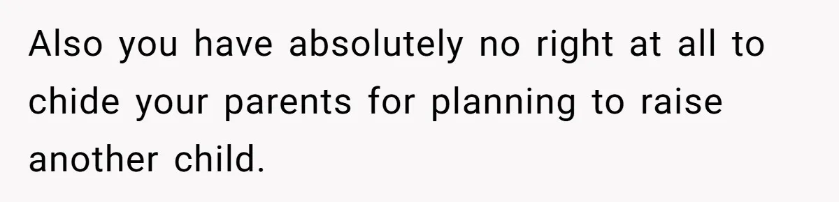 Also you have absolutely no right at all to chide your parents for planning to raise another child.