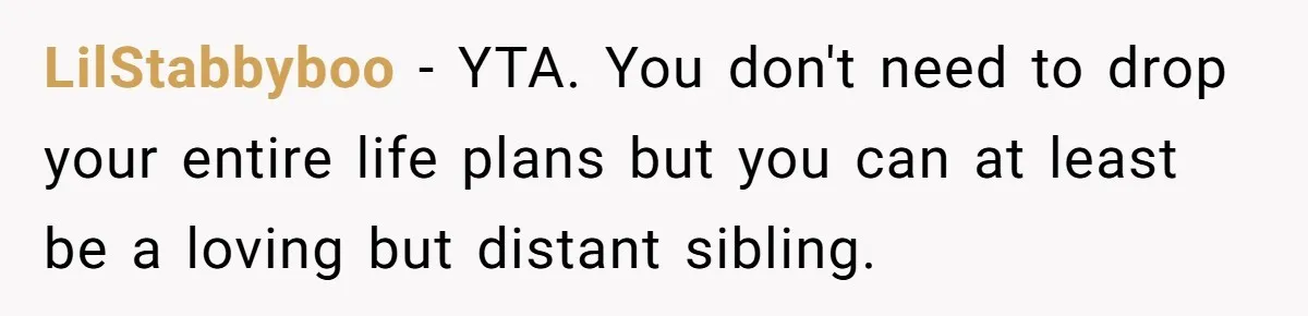 LilStabbyboo − YTA. You don't need to drop your entire life plans but you can at least be a loving but distant sibling.