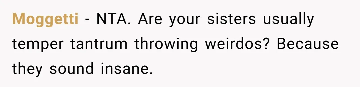 Moggetti − NTA. Are your sisters usually temper tantrum throwing weirdos? Because they sound insane.