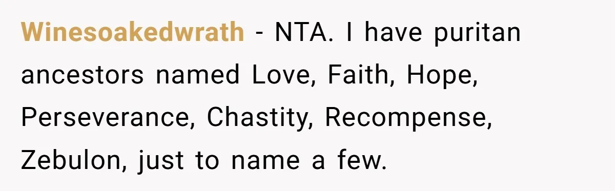 Pregnant Woman Refuses Bizarre Baby Name Tradition, Now Her In-Laws Say She’s Disrespecting History Winesoakedwrath − NTA. I have puritan ancestors named Love, Faith, Hope, Perseverance, Chastity, Recompense, Zebulon, just to name a few.