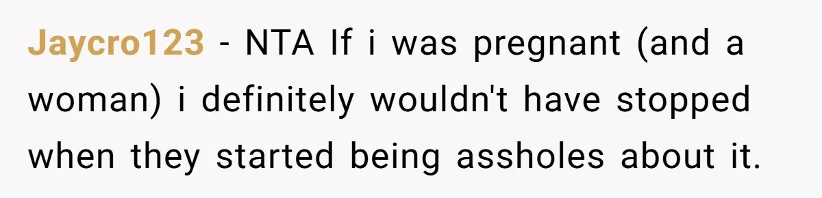 Jaycro123 − NTA If i was pregnant (and a woman) i definitely wouldn't have stopped when they started being assholes about it.