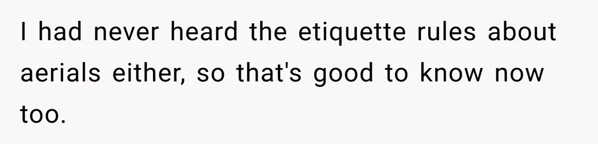 I had never heard the etiquette rules about aerials either, so that's good to know now too.
