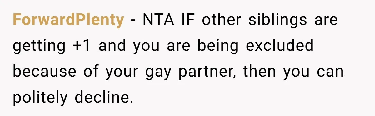 ForwardPlenty − NTA IF other siblings are getting +1 and you are being excluded because of your gay partner, then you can politely decline.