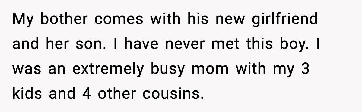 My bother comes with his new girlfriend and her son. I have never met this boy. I was an extremely busy mom with my 3 kids and 4 other cousins.