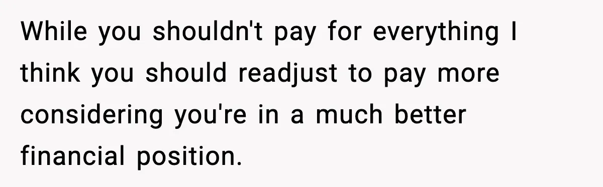 Girlfriend Quits Job After $4M Inheritance, Boyfriend Tries to Claim It While you shouldn't pay for everything I think you should readjust to pay more considering you're in a much better financial position.