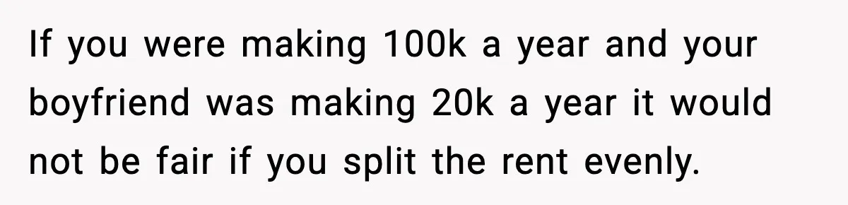 Girlfriend Quits Job After $4M Inheritance, Boyfriend Tries to Claim It If you were making 100k a year and your boyfriend was making 20k a year it would not be fair if you split the rent evenly.