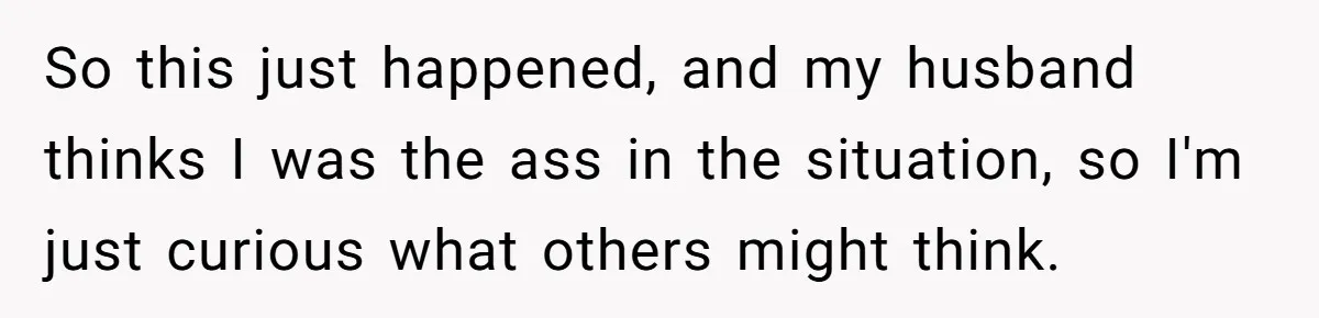 So this just happened, and my husband thinks I was the ass in the situation, so I'm just curious what others might think.
