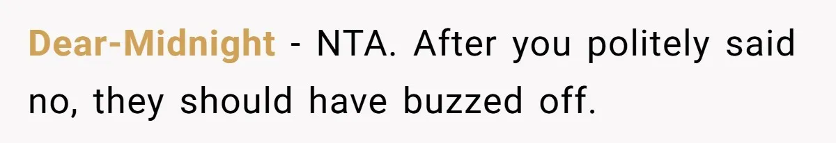 Dear-Midnight − NTA. After you politely said no, they should have buzzed off.