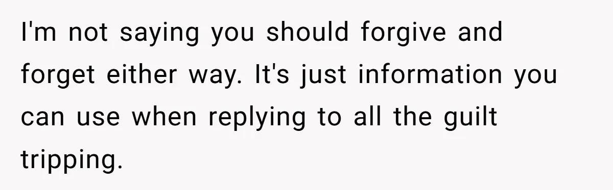 I'm not saying you should forgive and forget either way. It's just information you can use when replying to all the guilt tripping.