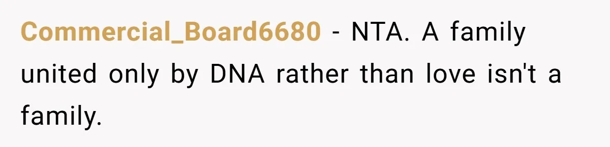 Commercial_Board6680 − NTA. A family united only by DNA rather than love isn't a family.