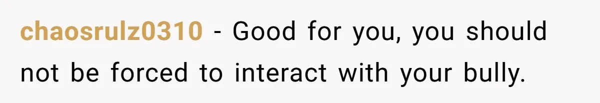 chaosrulz0310 − Good for you, you should not be forced to interact with your bully.