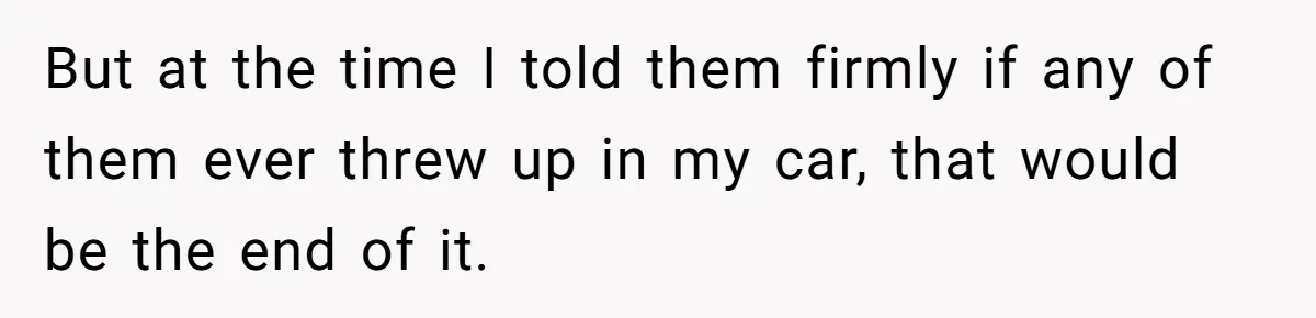 But at the time I told them firmly if any of them ever threw up in my car, that would be the end of it.