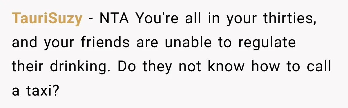 TauriSuzy − NTA You're all in your thirties, and your friends are unable to regulate their drinking. Do they not know how to call a taxi?