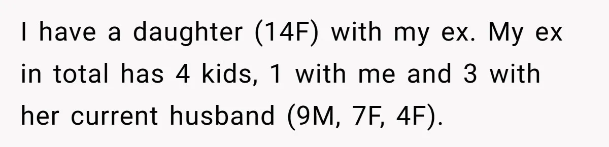 Troubled Mom Forces Teenage Daughter To Share Bedroom With Half-Brother, Dad Says No I have a daughter (14F) with my ex. My ex in total has 4 kids, 1 with me and 3 with her current husband (9M, 7F, 4F).