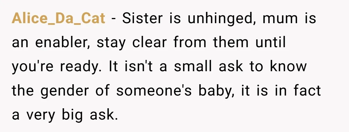 Alice_Da_Cat − Sister is unhinged, mum is an enabler, stay clear from them until you're ready. It isn't a small ask to know the gender of someone's baby, it is...