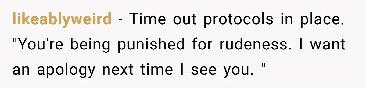 likeablyweird − Time out protocols in place. "You're being punished for rudeness. I want an apology next time I see you."