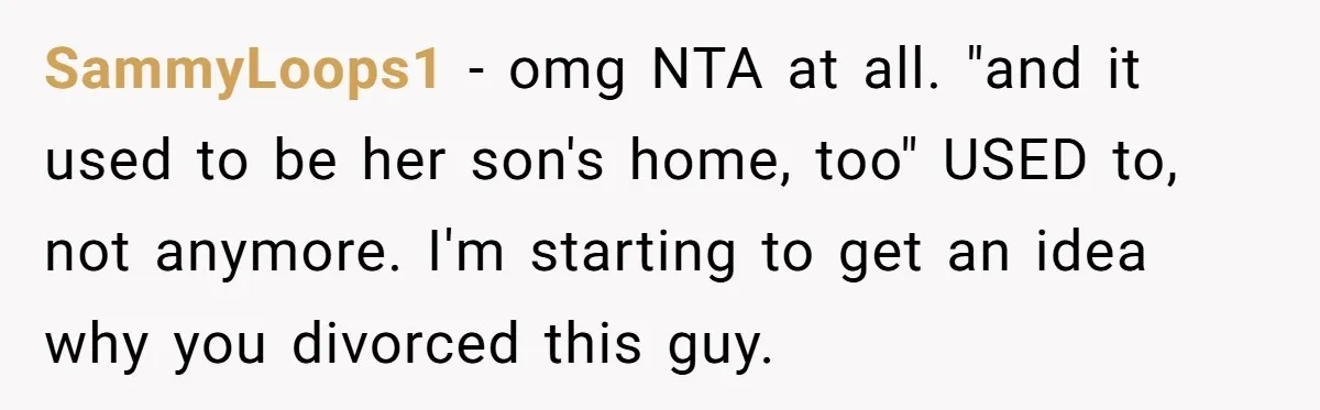 SammyLoops1 - omg NTA at all. "and it used to be her son's home, too" USED to, not anymore. I'm starting to get an idea why you divorced this guy.