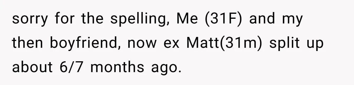 sorry for the spelling, Me (31F) and my then boyfriend, now ex Matt(31m) split up about 6/7 months ago.