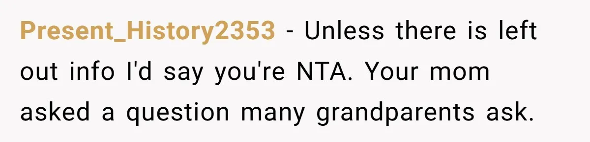 Present_History2353 − Unless there is left out info I'd say you're NTA. Your mom asked a question many grandparents ask.