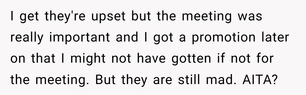 I get they're upset but the meeting was really important and I got a promotion later on that I might not have gotten if not for the meeting. But they...