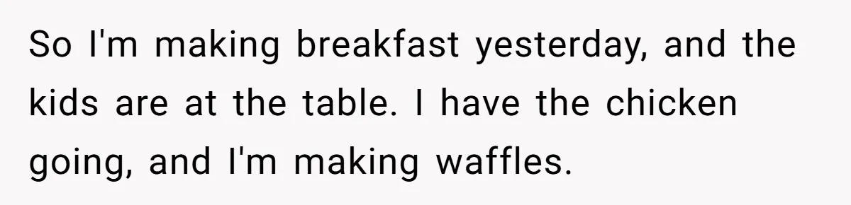 Husband Admits He Leaves Mid-Cooking When His Wife Touches The Meal, Sparks Huge Fight So I'm making breakfast yesterday, and the kids are at the table. I have the chicken going, and I'm making waffles.