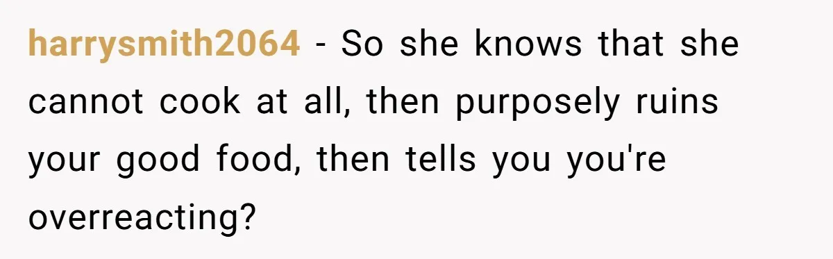 Husband Admits He Leaves Mid-Cooking When His Wife Touches The Meal, Sparks Huge Fight harrysmith2064 − So she knows that she cannot cook at all, then purposely ruins your good food, then tells you you're overreacting?