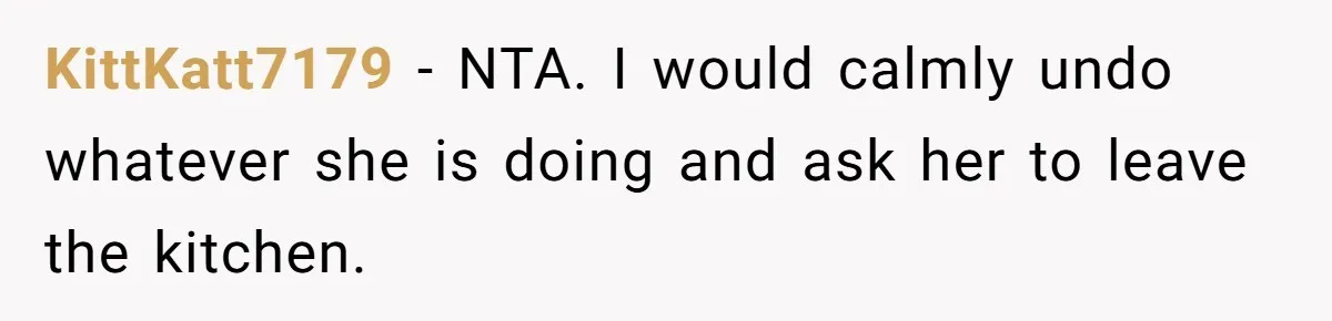 Husband Admits He Leaves Mid-Cooking When His Wife Touches The Meal, Sparks Huge Fight KittKatt7179 − NTA. I would calmly undo whatever she is doing and ask her to leave the kitchen.