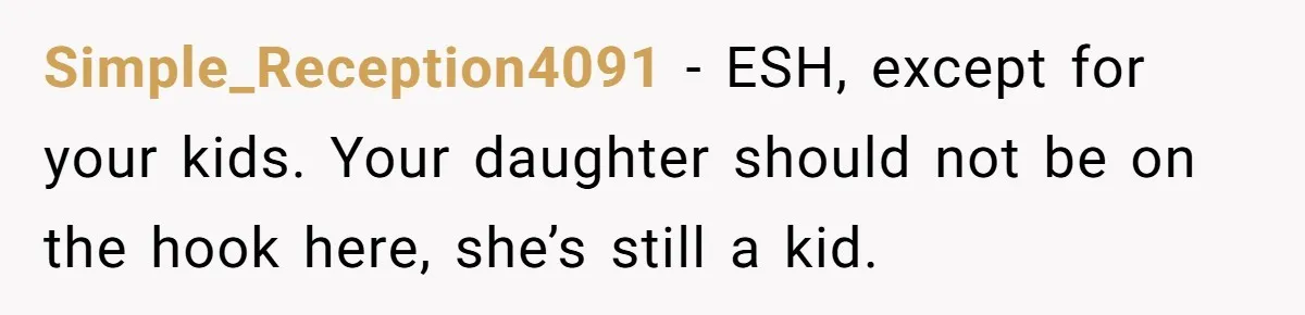 Simple_Reception4091 − ESH, except for your kids. Your daughter should not be on the hook here, she’s still a kid.