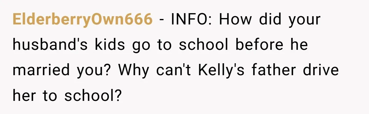 ElderberryOwn666 − INFO: How did your husband's kids go to school before he married you? Why can't Kelly's father drive her to school?