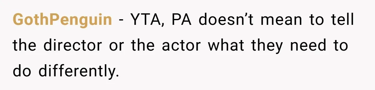 GothPenguin − YTA, PA doesn’t mean to tell the director or the actor what they need to do differently.