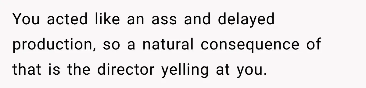 You acted like an ass and delayed production, so a natural consequence of that is the director yelling at you.