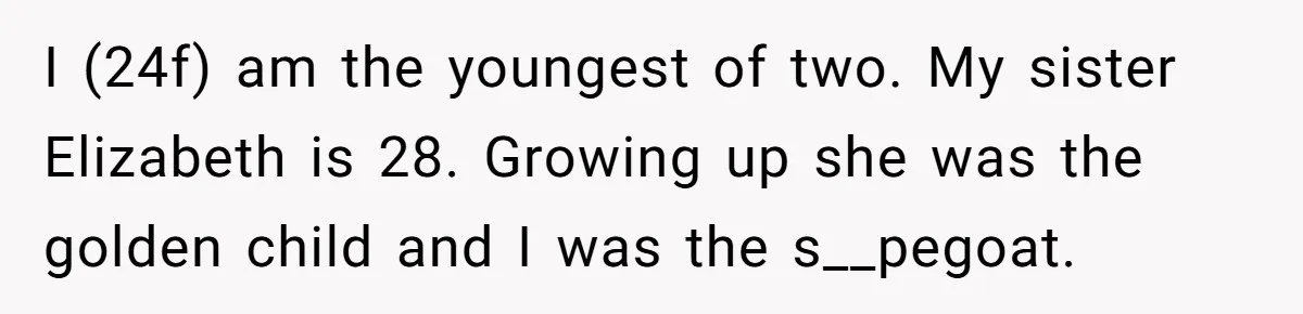 I (24f) am the youngest of two. My sister Elizabeth is 28. Growing up she was the golden child and I was the s__pegoat.