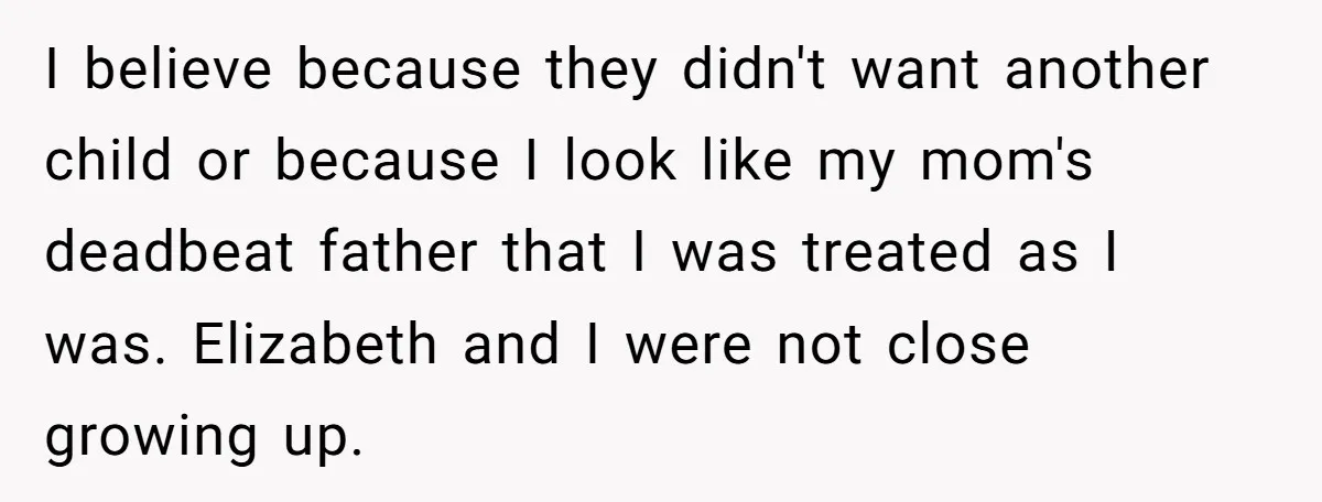 I believe because they didn't want another child or because I look like my mom's deadbeat father that I was treated as I was. Elizabeth and I were not close...