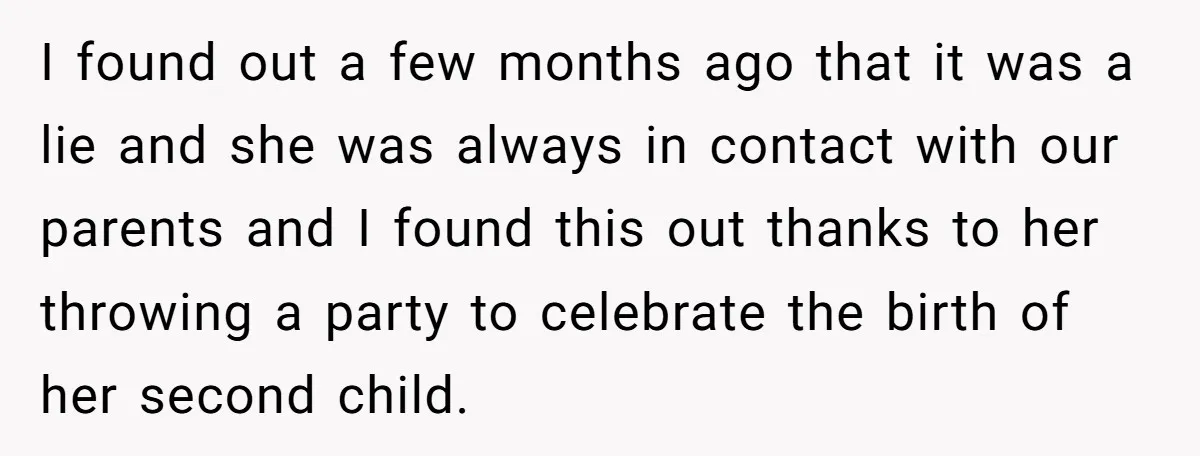 I found out a few months ago that it was a lie and she was always in contact with our parents and I found this out thanks to her throwing...