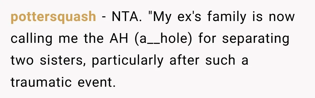 pottersquash − NTA. "My ex's family is now calling me the AH (a__hole) for separating two sisters, particularly after such a traumatic event.