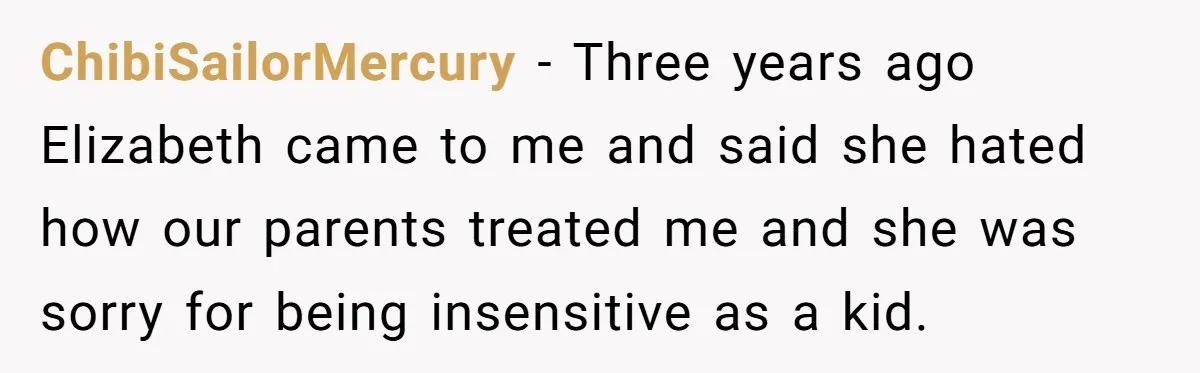 ChibiSailorMercury − Three years ago Elizabeth came to me and said she hated how our parents treated me and she was sorry for being insensitive as a kid.