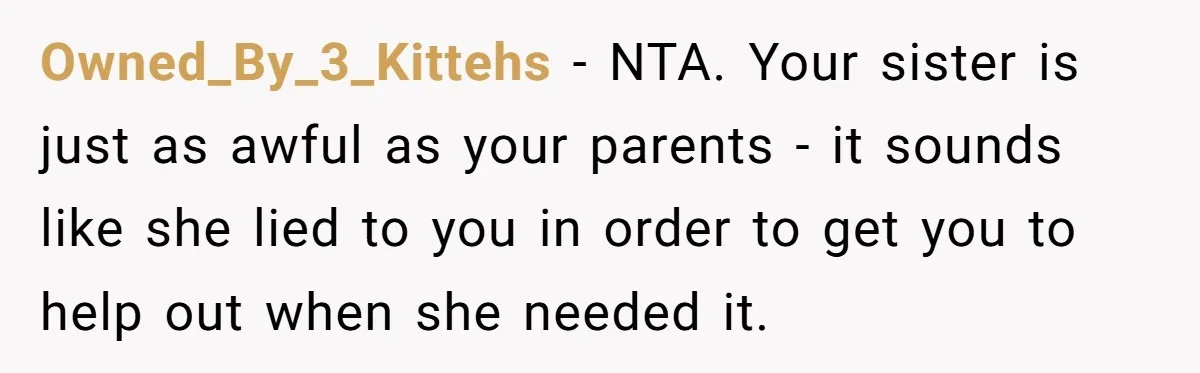 Owned_By_3_Kittehs − NTA. Your sister is just as awful as your parents - it sounds like she lied to you in order to get you to help out when she...